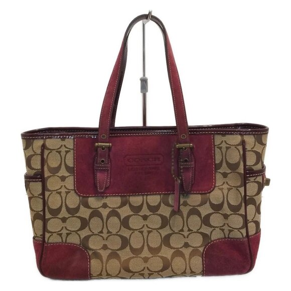 Auth COACH Signature Small Gallery Tote 1443 Khaki Bordeaux Jacquard Suede - - Picture 1 of 8